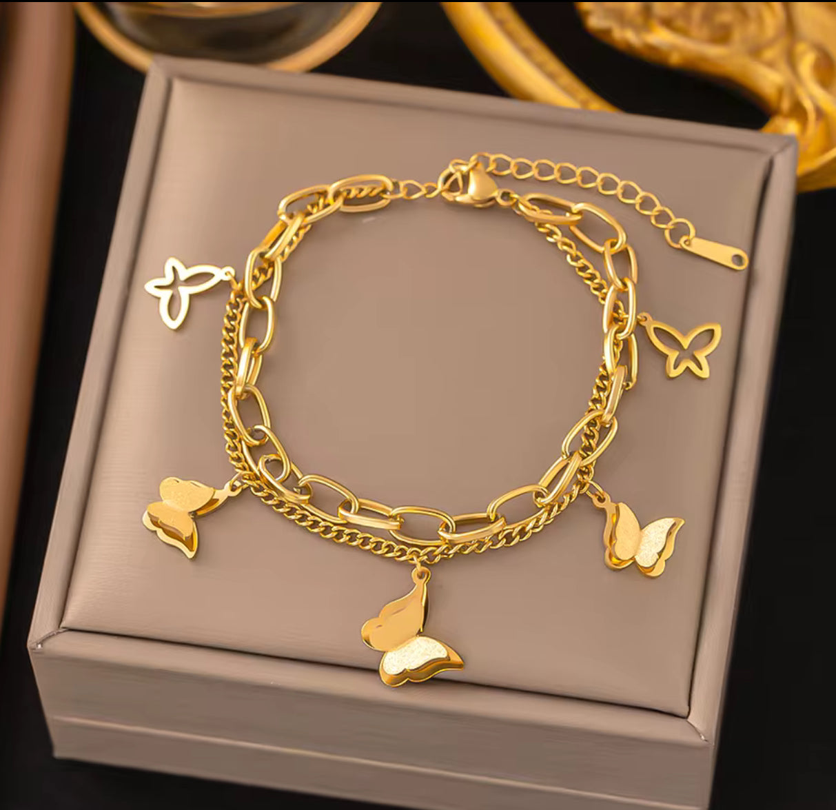 Top Quality Adjustable 18k Gold Stainless Steel Heart Butterfly Bracelet Women Fashion Eyes Chain Bracelet Jewelry for Gift