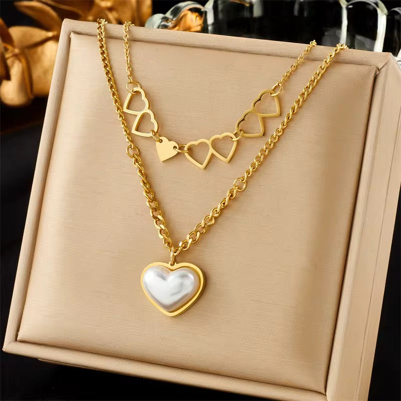 New Fashion 18K Gold Plated Non Tarnish Stainless Steel Double Layers Pearl Heart Necklace for Women