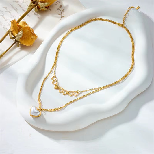New Fashion 18K Gold Plated Non Tarnish Stainless Steel Double Layers Pearl Heart Necklace for Women