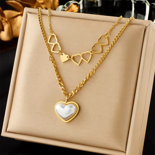 New Fashion 18K Gold Plated Non Tarnish Stainless Steel Double Layers Pearl Heart Necklace for Women